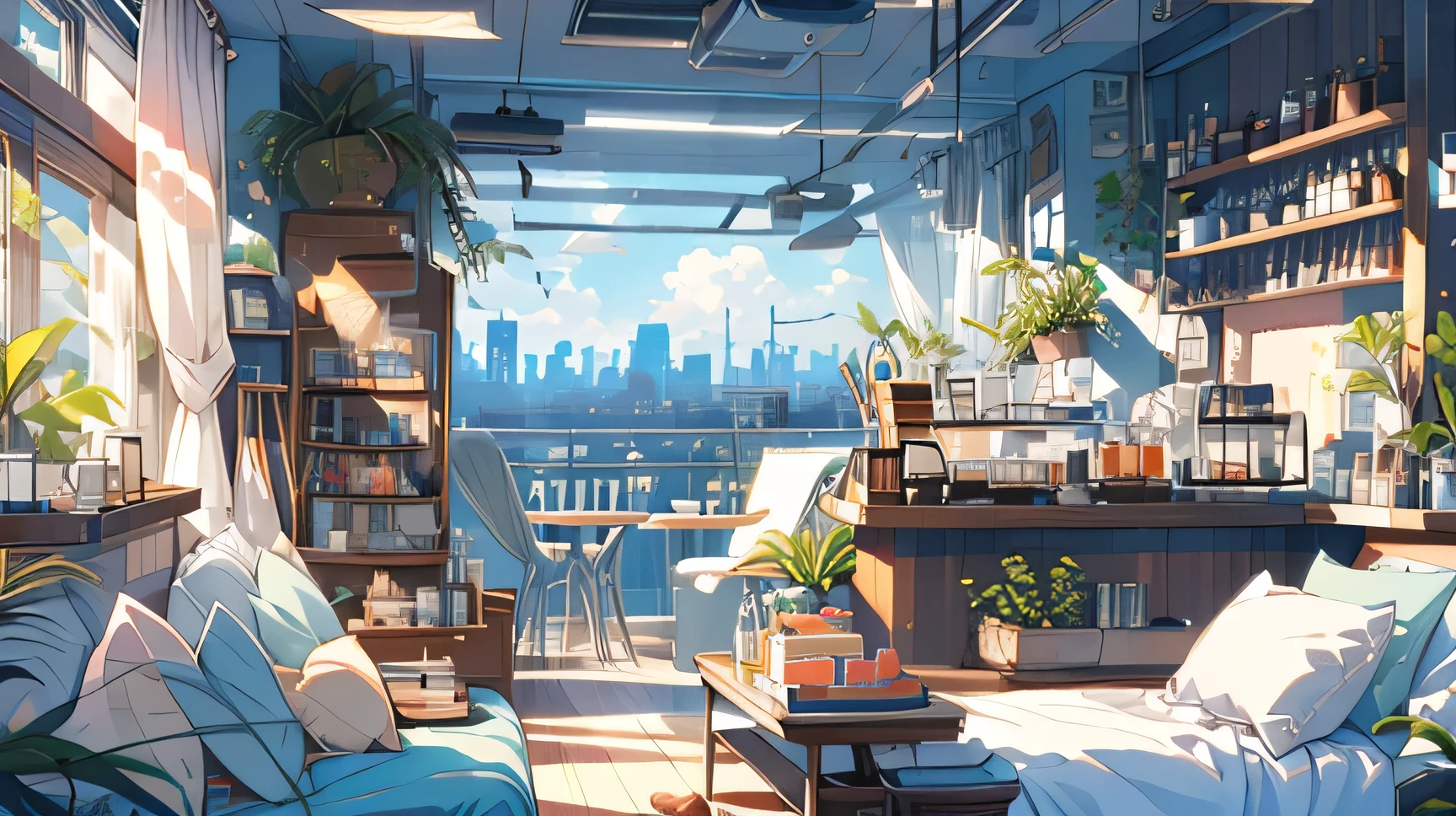 (masterpiece:1.2), best quality,PIXIV,cozy animation scenes,
scenery, cityscape, city, skyscraper, building, window, cloud, sky, food, indoors, computer, book, bed, table, clock, pillow, no humans, chair, cake, monitor, cup, plate, skyline, lying,pixel art,