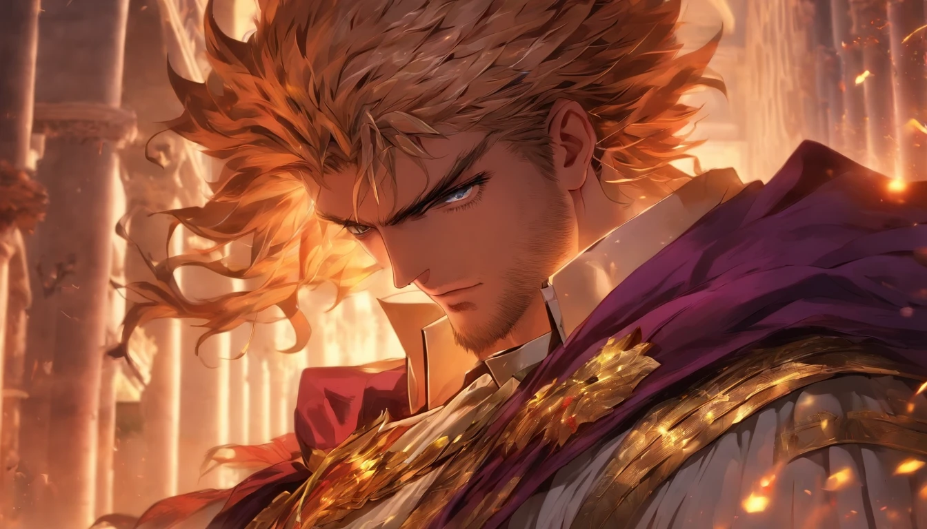 anime.Constantine the Great, Roman Emperor Constantine the Great resurrected in modern times。34 years old。one adult male。Long body。broad shoulder。thick neck。eyes like a lion。Bright and sharp eyes。Looking here。Sincere and kind。Kind and reliable。Deal with it sternly if necessary.。talented and hardworking businessman。successful gentleman。careerist。he is wearing a high quality white suit。dark purple tie。Light purple shirt。forceful。An overwhelming sense of control。romance novel hero。Bold composition。look up to。lyrical。Dramatic。heartful。Romantic。opulent。elegan。elegance。Venice background in the sunset。masterpiece。top-quality。Super beautiful。The ultra -The high-definition。detaileds。exquisite。