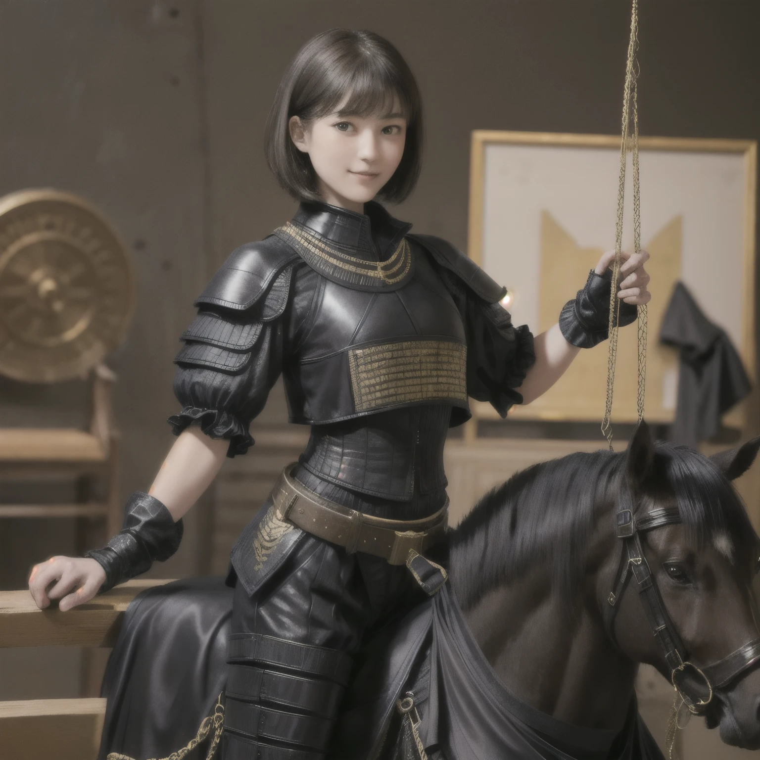 222 Short Hair, 20-year-old woman, A kind smile, (Luxurious stables), (Rembrandt-style painting), (machinery suit, Clothes that show abs、Clothes with short sleeves)