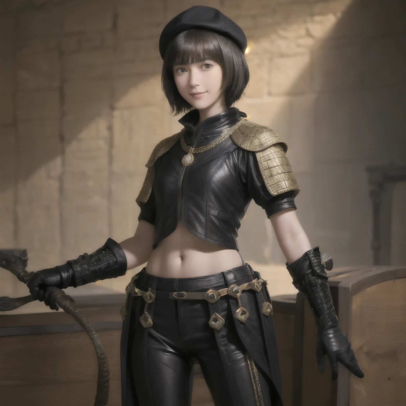 222 Short Hair, 20-year-old woman, A kind smile, (Luxurious stables), (Rembrandt-style painting), (machinery suit, Clothes that show abs、Clothes with short sleeves)
