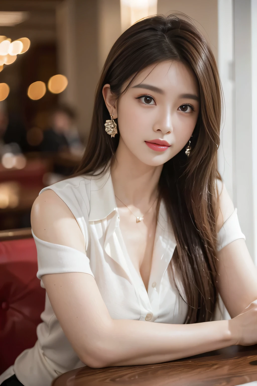 masterpiece, highest quality, Realistic, Very detailed, Finer details, High resolution, 8k wallpaper, One beautiful woman, Wear casual business attire, In a great restaurant, At night, Light brown messy hair, Perfect dynamic composition, Beautiful and beautiful eyes、Big earrings