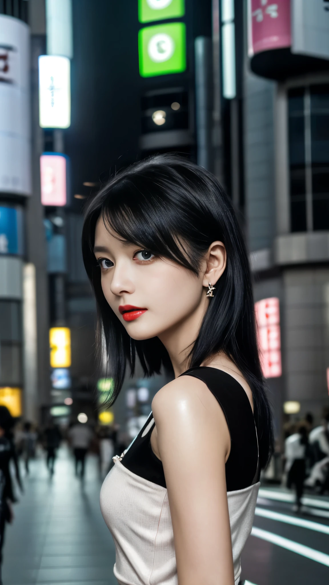 Cinematic lighting、(key light:Front diagonal 45 degrees, fill light、Backlight、shadow、blue and orange color palette), accurate human body、detailed person、Correct five-finger、RAW photo、 4K - ultra-vivid、highest quality, masterpiece, ultra high resolution, (reality: 1.4), background bokeh、street、city、
(((oil skin,sparkling skin、realistic skin texture、detailed beautiful skin、shiny skin、shiny skin)))、
full body shot, camera angle is low, Depth of the bounds written, Focus on the center, fine eyes, perfect face and eyeature woman, Beautiful woman、City(, /red eyeliner/、/fluorescent pink glossy lipstick/), Beautiful depiction、knowledgeable person、detailed background、quality people々、high quality face、Ultra-high-definition animation、(beautiful black hair:1.8)、earrings、clavicle、(((big breasts)))、((from the front、full shot:1.8, full body diagram、Magazine street snap style)), ((Shibuya style fashion:1.5)
