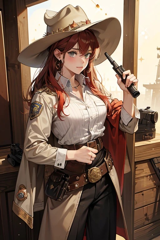 dresses like a cowboy: a sheriff's badge, boots, a belt with a shell decoration and a gun holder with a bone in it, a large cowboy hat with a red band, and a doghouse with a handle. SPARKLE; GLITTER
