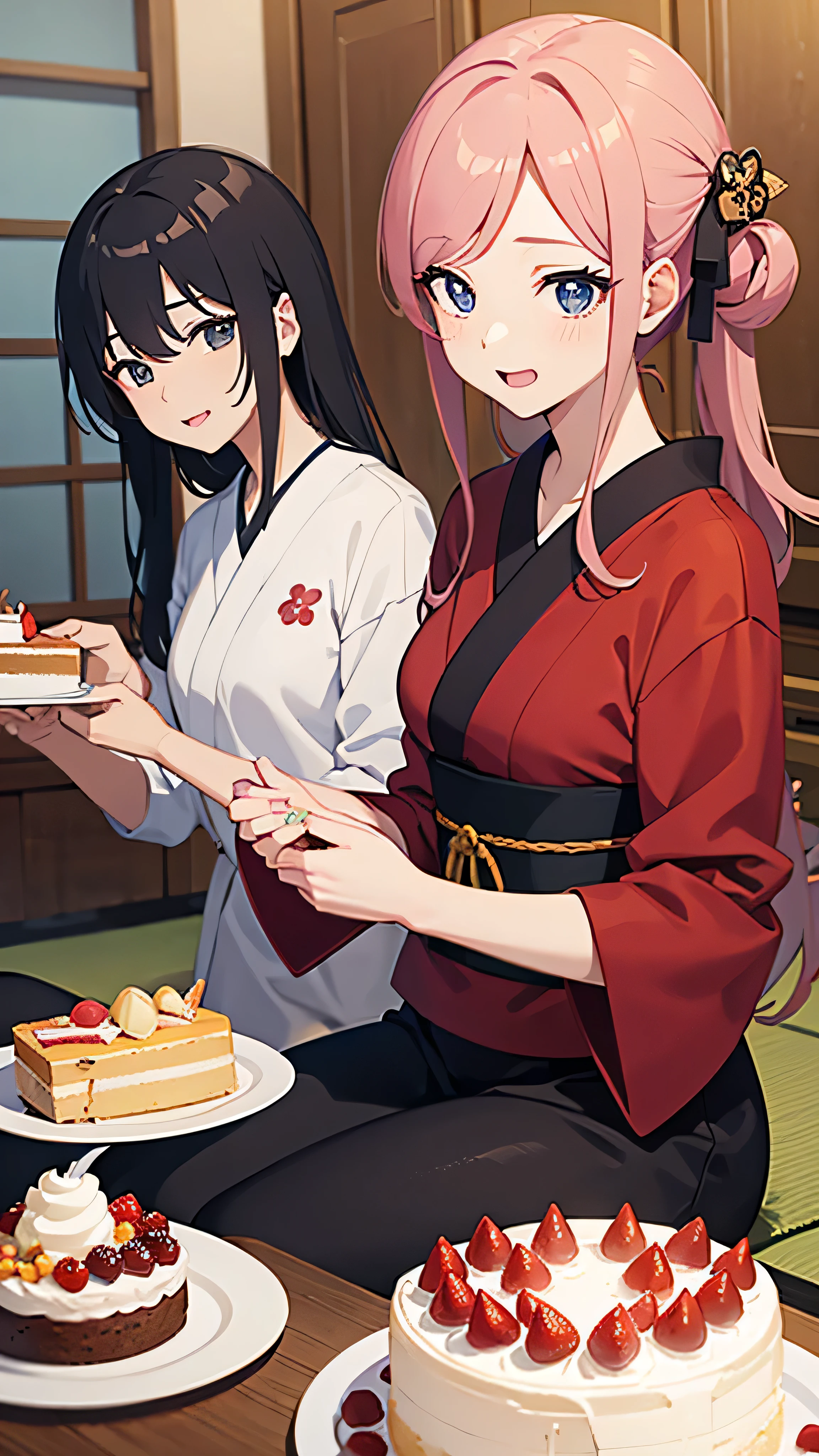 A man and a beautiful girl are enjoying cake　Japanese anime style