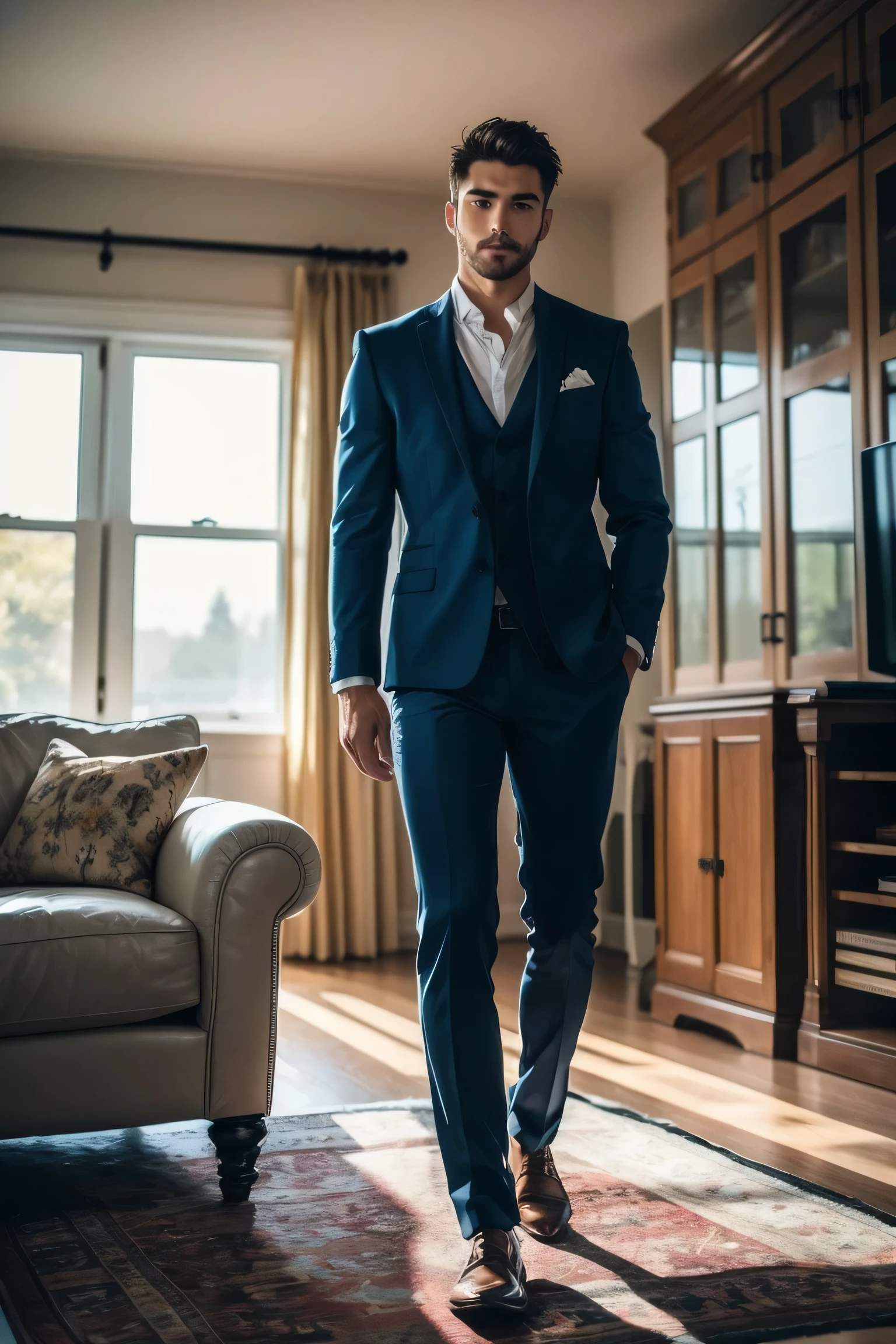 Realistic photography, raw, photo , handsome men ,living room