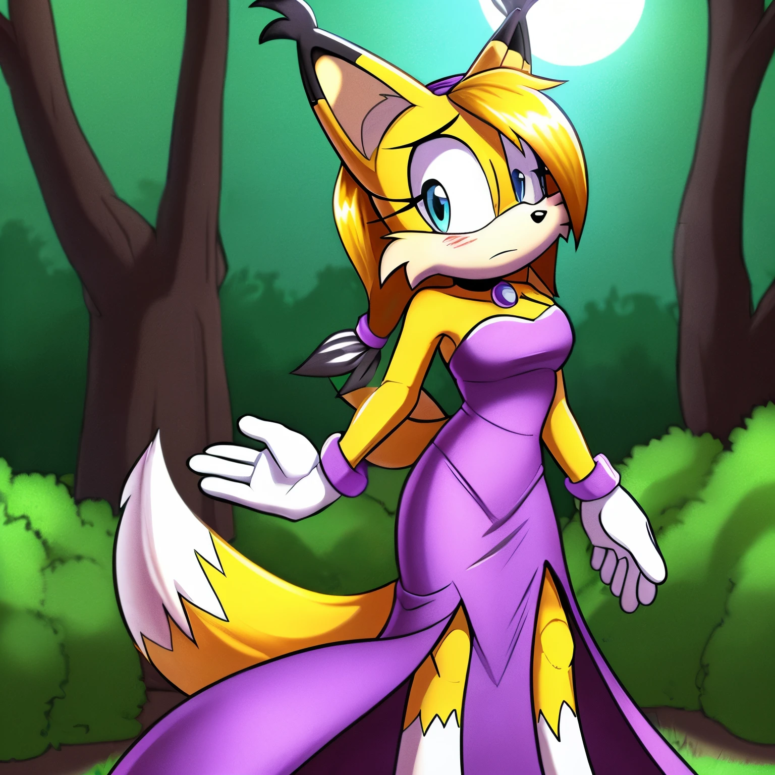 score_9, score_8_up, score_7_up, ((Masterpiece)), high quality, studio quality, solo, 1girl, (((Tails the Fox but female))), Female, Mobian, Fox, (((light yellow fur))), (((long light yellow hair))), light blue eyes, Nicole cosplay, Nicole the Lynx cosplay, Nicole outfit, looking at viewer, embarrassed expression, forest, lower back length hair, long hair, hair bangs, nervously/scared … nicolethelynx, furry female anthro, ((strapless purple dress)), split dress, black pants, black and white gloves, purple cuffs, standing, looking at viewer