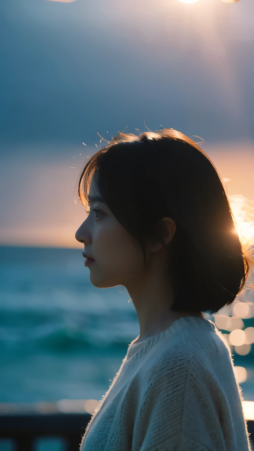 highest quality,masterpiece,Ultra-high resolution,(Reality:1.4),Original photo,Cinema Lighting,
One girl,,Backlighting,Ocean,profile,立体的なprofile,good looking,cute