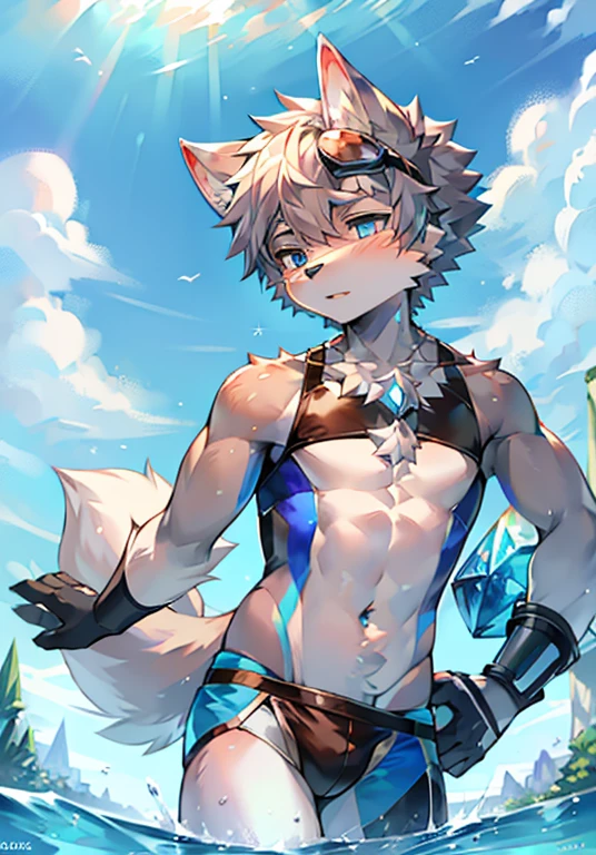 Furry,Wolf boy,White fur,crystal blue eyes,Single fluffy tail,greyt hair,short detailed hair,summer day,dive,Wear diving goggles,masculine features