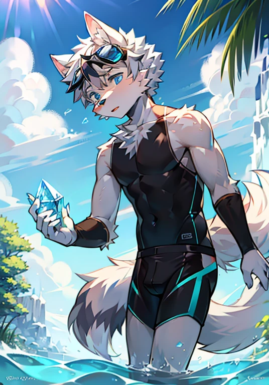 Furry,Wolf boy,White fur,crystal blue eyes,Single fluffy tail,greyt hair,short detailed hair,summer day,dive,Wear diving goggles,masculine features