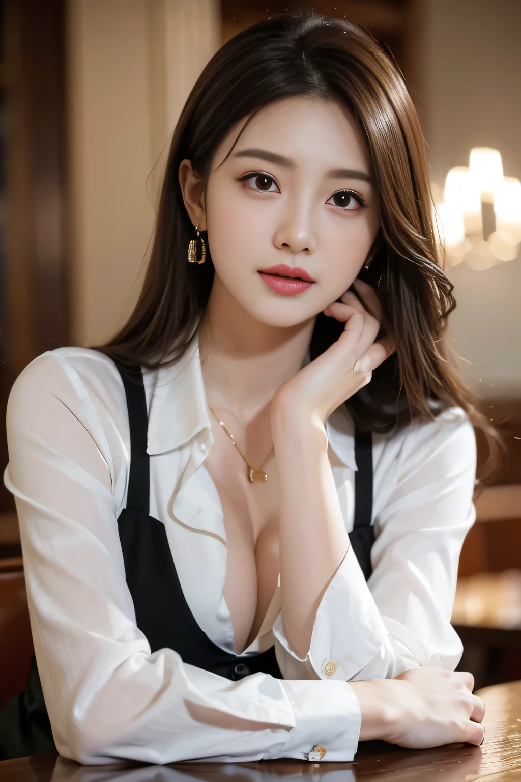 masterpiece, highest quality, Realistic, Very detailed, Finer details, High resolution, 8k wallpaper, One beautiful woman, Wear casual business attire, In a great restaurant, At night, Light brown messy hair, Perfect dynamic composition, Beautiful and beautiful eyes、Big earrings
