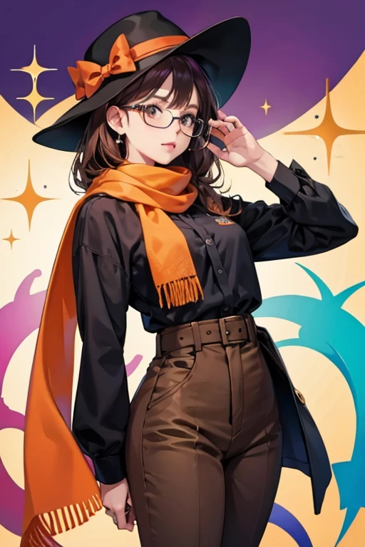 she is a purple who wears black glasses, brown pants with a black belt, a green shirt with an orange and dark orange scarf around his neck, and a brown hat with a red bow on the hat. SPARKLE; GLITTER