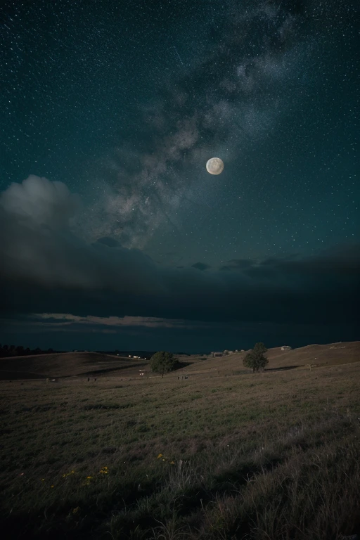 A imagem retrata um campo aberto durante a noite, with a starry sky and a bright moon. The countryside stretches to the horizon, com grama verde e suave sob a luz prateada da lua. In the deep dark sky, milhares de estrelas cintilam como diamantes, creating a brilliant and mesmerizing tapestry. A lua, grande e radiante, ilumina a paisagem com sua luz suave, casting soft shadows and revealing subtle field details. There are no clouds in the sky, just the vast, infinite cosmos stretching as far as the eye can see. The absence of any human figure in the scene amplifies the feeling of solitude and serenity, inviting the viewer to get lost in the immensity and silent beauty of the space.
