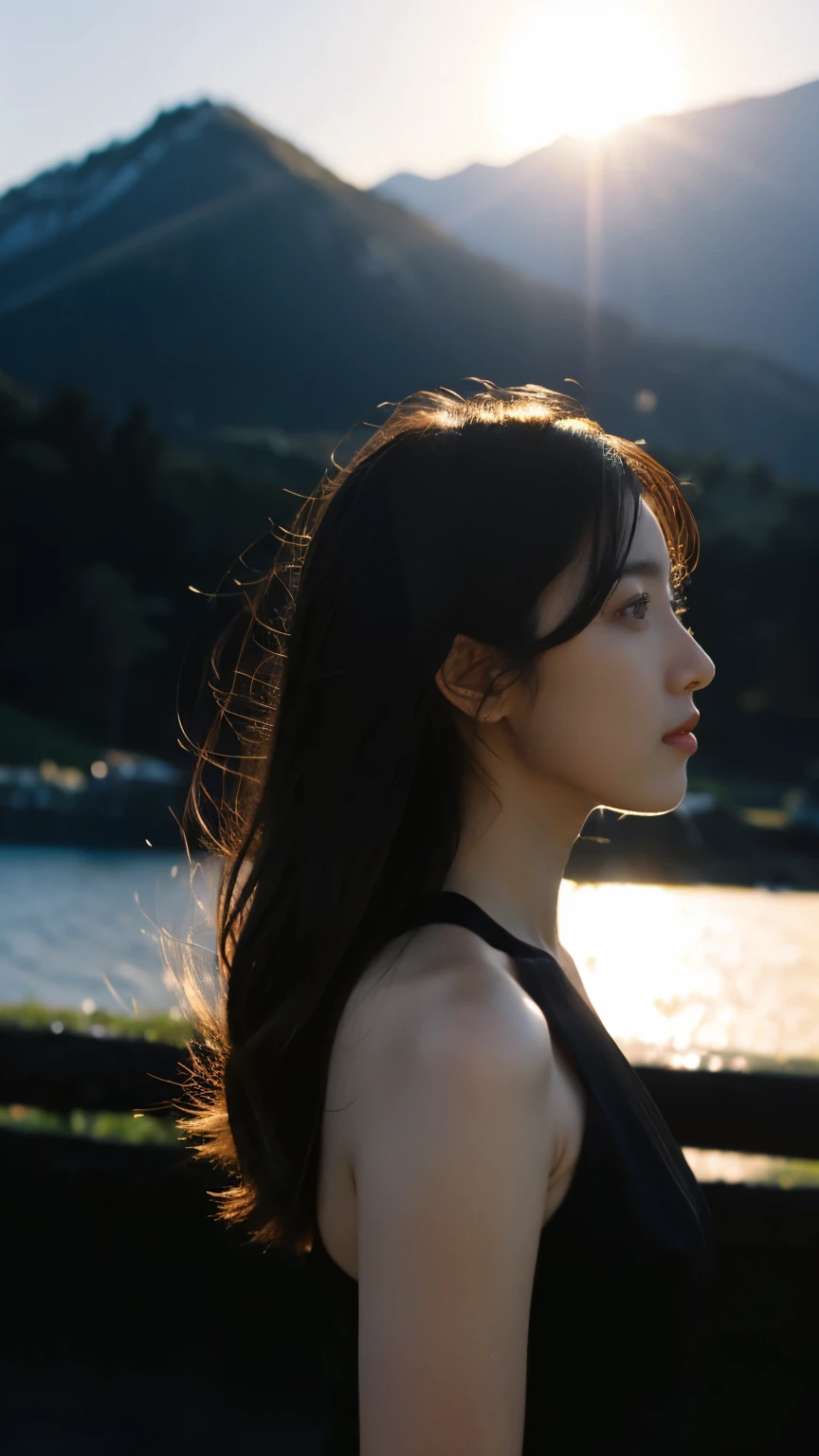 highest quality,masterpiece,Ultra-high resolution,(Reality:1.4),Original photo,Cinema Lighting,
One girl,,Backlighting,Mountain,profile，立体的なprofile，good looking，cute,Black dress