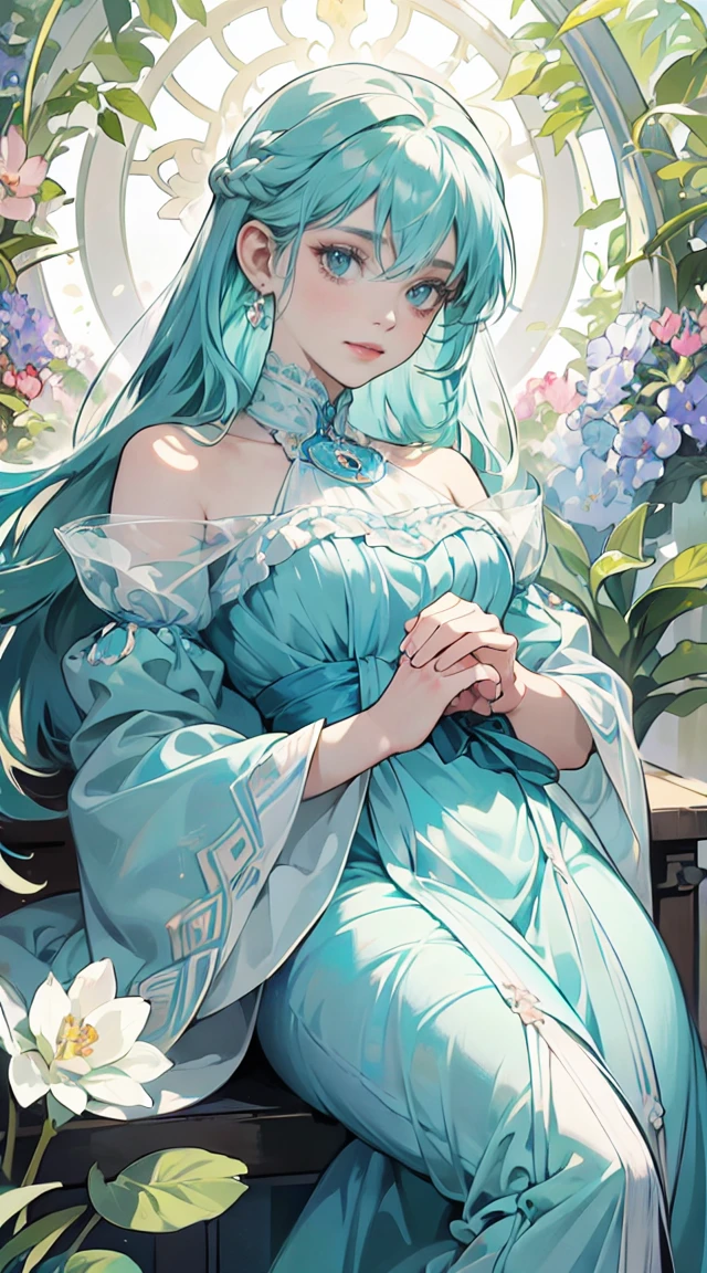 (masterpiece), highest quality, Very detailed, shape, Detailed light, Very delicate and beautiful European woman, Deep blue eyes, Long hair in a pale, watery aqua blue, A light smile, (from the front), (Face Focus), Has a gorgeous water bottle, Hanging garden full of flowers, Petals fluttering, Nice hands, Perfect hands, , Asymmetrical bangs:1.3, Arturia Style , E Cup:1.2, Very detailed顔と目. By Alphonse Mucha. Dreamy aqua color,Image of Aquarius,　Like Alphonse Mucha&#39;s portraits,