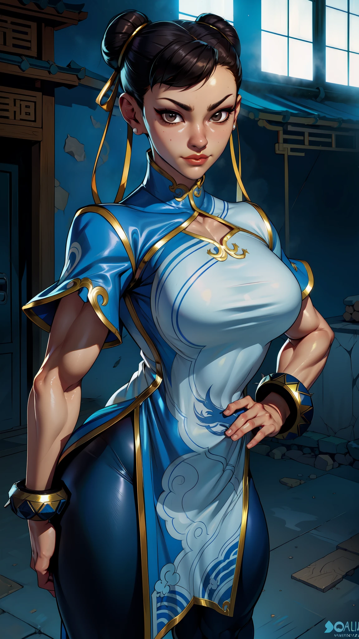 Chun Li, doble bien,  (pelo negro dos trenzado) , Brown eyes,  
ropa china, spiked bracelet, buena portada, pendientes ,( vestido azul chino :1.4) 
de pie, parte superior del cuerpo,  sonrisa,  faja, (pantimedias negra nylons ), 
barrio chino,  police station,  tomorrow, 
(incredibly detailed, hermoso rostro detallado, hermosos ojos detallados, Obra maestra, mejor calidad),solo, ,(Fondo de ruinas de mazmorra en ruinas:1.4 ), (Obra maestra: 1.4), (8K, realista, foto cruda, La mejor calidad: 1.4),(Chun Li:1.4), (Chu  Li V2.1), (dynamic pose), (Only),( alley background big stones Tokyo :1.4),( no mutaciones), (Detalles de la cara: 1.5, Brown eyes , hermoso rostro, ojos bonitos, Contorno del iris, labios delgados: 1.5, Thin, sharp pale eyebrows, Long, dark eyelashes, double tabs),(Iván Talavera and Artgerm Style) 