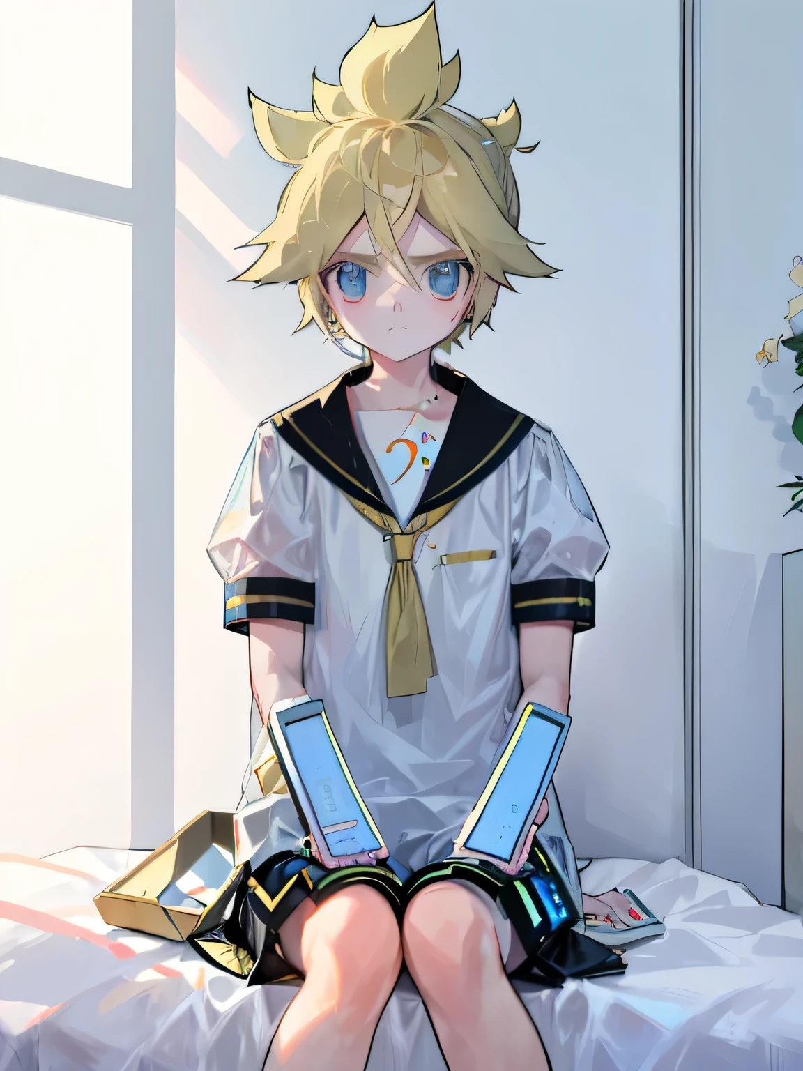 best quality, Ultra-precision, (a boy), (only_Kagamine), Lovely, Cool, blue eyes, blond, Shota, Hair whorl,, Sailor Suit, Black shorts, slim, (He loves you), your Lovely boyfriend, Innocent, , Staring at you, Slightly worried look,Coming in from the room door,The head and half of the body were inserted,Legs can be seen,Messy hair