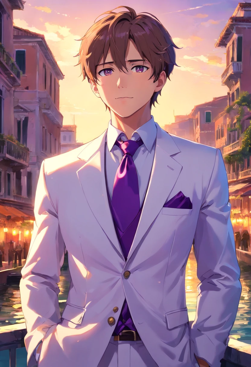 anime.Constantine the Great, Roman Emperor Constantine the Great resurrected in modern times。34 years old。one adult male。Long body。broad shoulder。thick neck。eyes like a lion。Bright and sharp eyes。Looking here。Sincere and kind。Kind and reliable。Deal with it sternly if necessary.。talented and hardworking businessman。successful gentleman。careerist。he is wearing a high quality white suit。dark purple tie。Light purple shirt。forceful。An overwhelming sense of control。romance novel hero。Bold composition。look up to。lyrical。Dramatic。heartful。Romantic。opulent。elegan。elegance。Venice background in the sunset。masterpiece。top-quality。Super beautiful。The ultra -The high-definition。detaileds。exquisite。