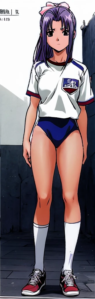 Momoko Koigakubo, a tall girl with beautiful legs, is standing from behind with her legs spread to the side in a white gym uniform and light navy blue bloomers that look like panties.。