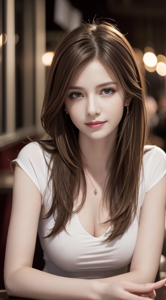 Masterpiece, Best quality, Photorealistic, Ultra-detailed, finedetail, high resolution, 8K wallpaper, 1 beautiful woman, Wear casual business attire, In excellent restaurant, At night, Light brown messy hair, Perfect dynamic composition, Beautiful detailed eyes