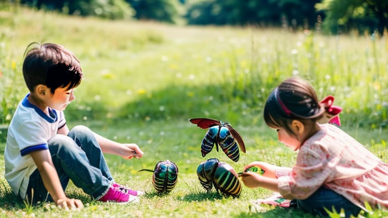 Children playing with beautiful stag beetles in the grassland、Children playing with colorful stag beetles in the forest、