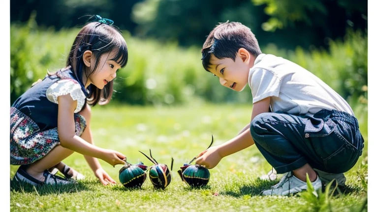 Children playing with beautiful beetles in the grassland、Children playing with beautiful beetles in the grassland、Colorful Mushiking