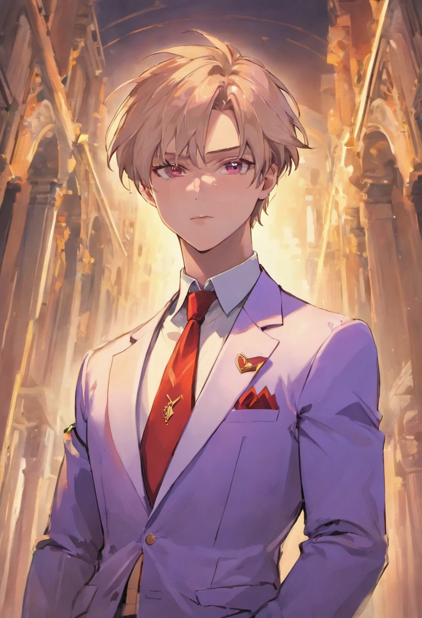 anime.Constantine the Great, Roman Emperor Constantine the Great resurrected in modern times。34 years old。one adult male。Long body。broad shoulder。thick neck。eyes like a lion。Bright and sharp eyes。Looking here。Sincere and kind。Kind and reliable。Deal with it sternly if necessary.。talented and hardworking businessman。successful gentleman。careerist。he is wearing a high quality white suit。dark purple tie。Light purple shirt。forceful。An overwhelming sense of control。romance novel hero。Bold composition。look up to。lyrical。Dramatic。heartful。Romantic。opulent。elegan。elegance。Venice background in the sunset。​masterpiece。top-quality。Super beautiful。The ultra -The high-definition。detaileds。exquisite。
