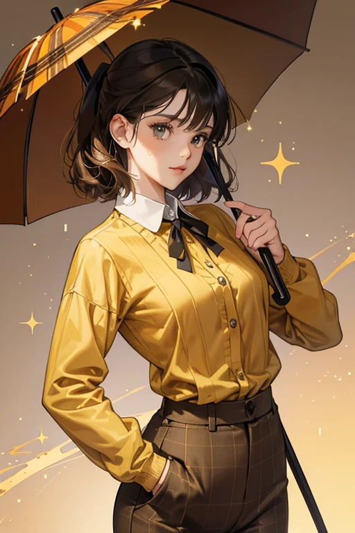 she wears a yellow shirt with a brown tie, a green buttoned-up sweater, and a pair of brown plaid pants. she wears a small black hat with a yellow ribbon, and uses a black umbrella with a brown handle as a cane. SPARKLE; GLITTER