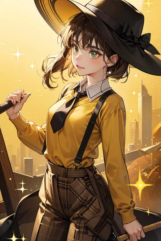 she wears a yellow shirt with a brown tie, a green buttoned-up sweater, and a pair of brown plaid pants. she wears a small black hat with a yellow ribbon, and uses a black umbrella with a brown handle as a cane. SPARKLE; GLITTER