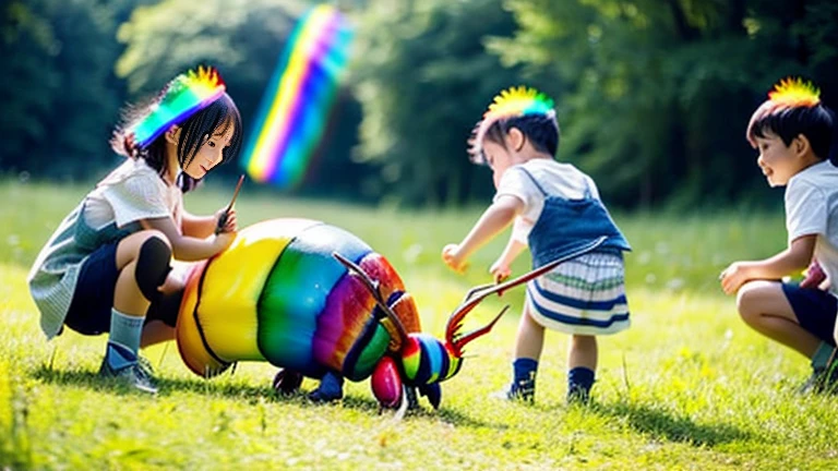 Children playing with beautiful rainbow stag beetles in the grassland、Children playing with colorful stag beetles in the forest、
