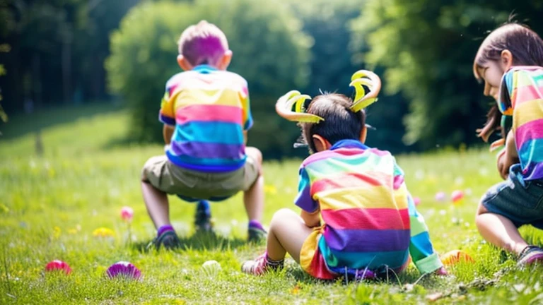 Children playing with beautiful rainbow stag beetles in the grassland、Children playing with colorful stag beetles in the forest、