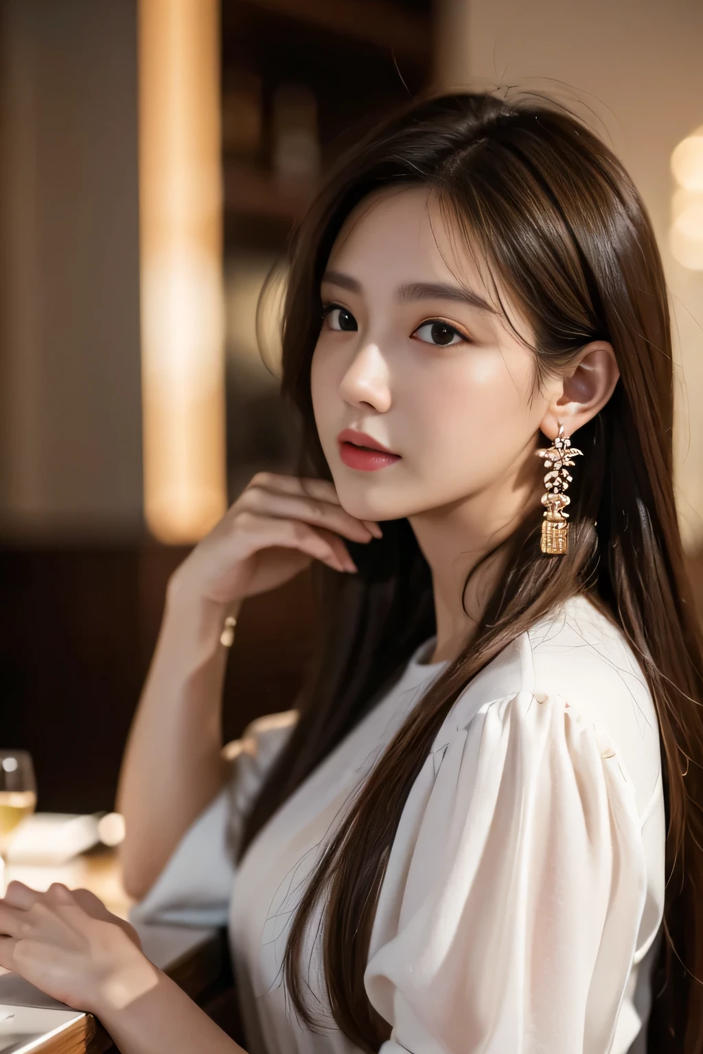 masterpiece, highest quality, Realistic, Very detailed, Finer details, High resolution, 8k wallpaper, One beautiful woman, Wear casual business attire, In a great restaurant, At night, Light brown messy hair, Perfect dynamic composition, Beautiful and beautiful eyes、Big earrings