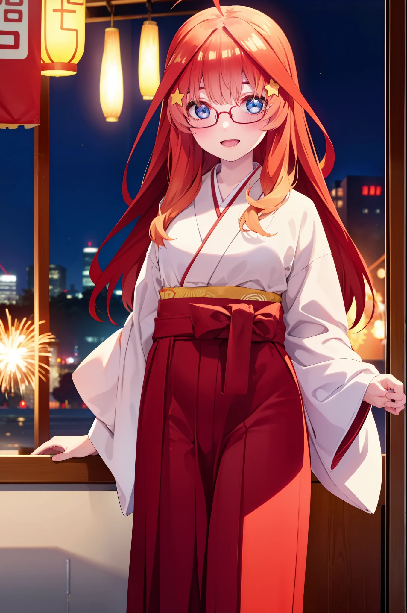 itsukinakano, Itsuki Nakano, bangs, blue eyes, Hair between the eyes, Ahoge, Redhead, star \(symbol\), hair ornaments, star hair ornaments,Akagi Glasses,smile,blush,Happy atmosphere,Open your mouth,Long Hair,Tie your hair back,Aka kimono,Thick sleeves,Red Hakama,Sandals,White tabi,night空の花火,Fireworks display,Japanese Festivals,Summer festival food stalls,Red Lantern,night,イラストにwhole bodyが入るように, night
break outdoors, shrine,                                              break looking at viewer,whole body,
break (masterpiece:1.2), highest quality, High resolution, unity 8k wallpaper, (shape:0.8), (Beautiful and beautiful eyes:1.6), Highly detailed face, Perfect lighting, Extremely detailed CG, (Perfect hands, Perfect Anatomy),