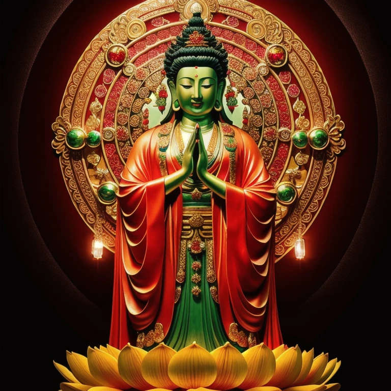  statue of thousand hands guan yin made of jade and jewelry, crystal clear and shinning, beautyfull  face, many hands, detailed hands,  floating red ruby lotus , full body, masterpieces, super detail, epic composition, ultra HD, high quality, extremely detailed, official art, unified 8k wallpaper, Super detail, 