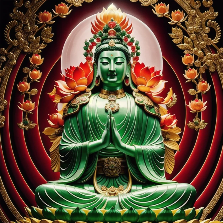  statue of thousand hands guan yin made of jade and jewelry, crystal clear and shinning, beautyfull  face, many hands, detailed hands,  floating red ruby lotus , full body, masterpieces, super detail, epic composition, ultra HD, high quality, extremely detailed, official art, unified 8k wallpaper, Super detail, 