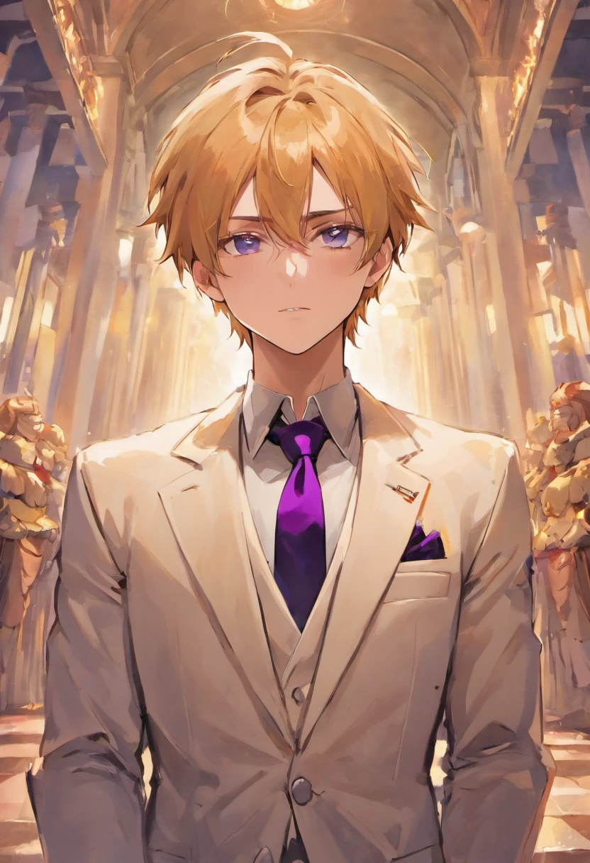 anime.Constantine the Great, Roman Emperor Constantine the Great resurrected in modern times。34 years old。one adult male。Long body。broad shoulder。thick neck。eyes like a lion。Bright and sharp eyes。Looking here。Sincere and kind。Kind and reliable。Deal with it sternly if necessary.。talented and hardworking businessman。successful gentleman。careerist。he is wearing a high quality white suit。dark purple tie。Light purple shirt。forceful。An overwhelming sense of control。romance novel hero。Bold composition。look up to。lyrical。Dramatic。heartful。Romantic。opulent。elegan。elegance。Venice background in the sunset。masterpiece。top-quality。Super beautiful。The ultra -The high-definition。detaileds。exquisite。