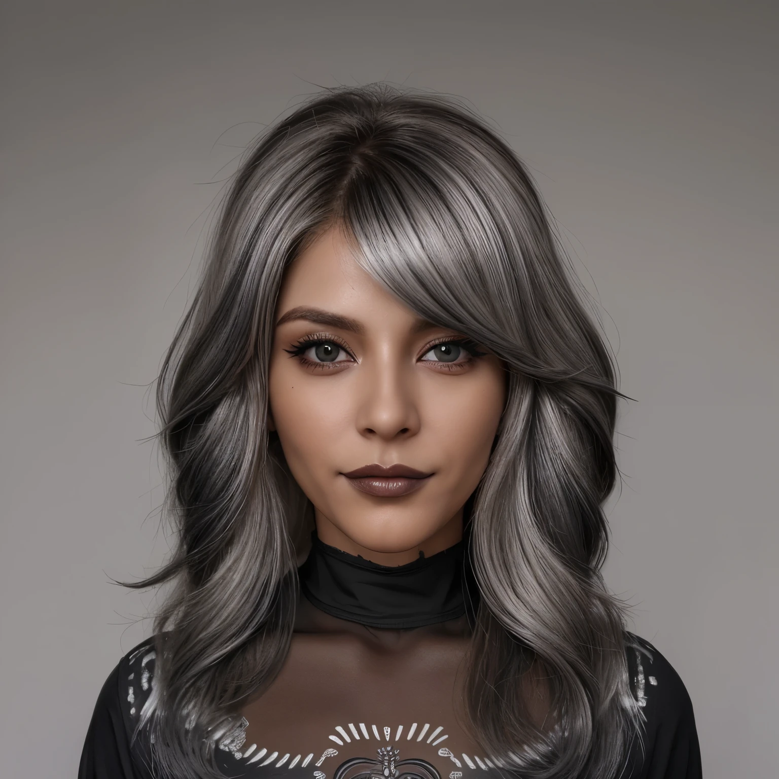 Cabelos longos preto azulados olhos claros nariz 