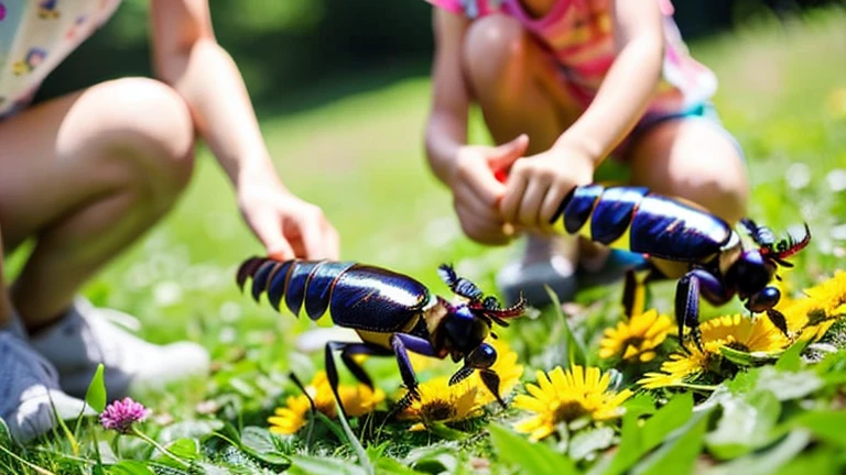 Children playing with beautiful stag beetles in the grassland、Children playing with colorful stag beetles in the forest、