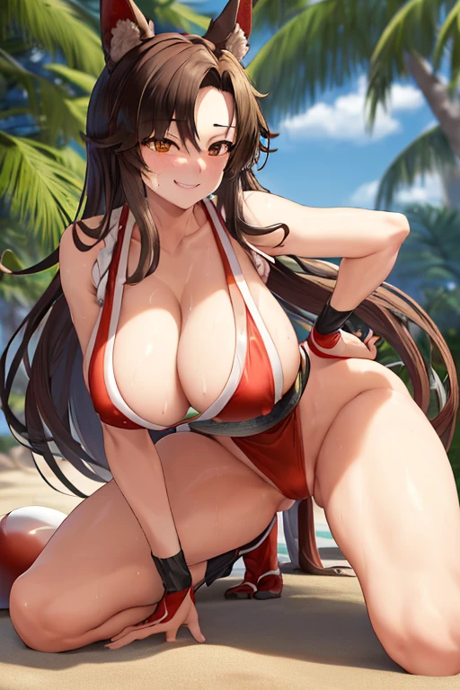 masterpiece, best quality, beautiful art, high resolution, well formed hands, body and fingers, 1 woman,solo, Imaizumi Kagerou, wolf ears and wolf tail, grown up, adult, big breasted, cleavage full body, long hair, hair ornament, cosplaying as Mai Shiranui, gorgeous legs and thighs, sexy japanese clothes, she is doing exercise, warming up, stretching her body, bouncing breasts, bikini thong, sexy and erotic training, working out, sweating, smiling joyfully and brightly, training montage session, beach environment 