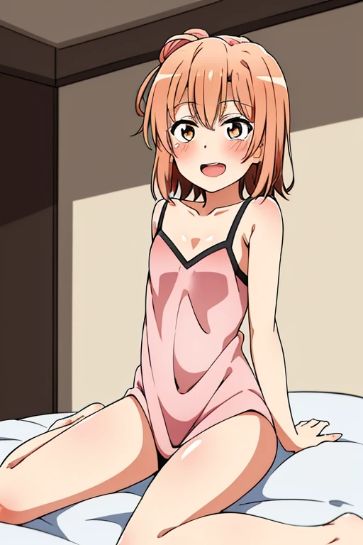 ((highest quality)), ((masterpiece)), (be familiar with), Perfect Face, indoor, Bedroom, Watching the audience,
One woman, Yuigahama Yui,
Open Mouth, Ecstatic expression, blush, smile,
Small breasts, Flat Chest, Young Girl, , , Girl,
Short Hair, Salmon-colored hair, Salmon-colored eyes, Side Pony,
Leg spread,