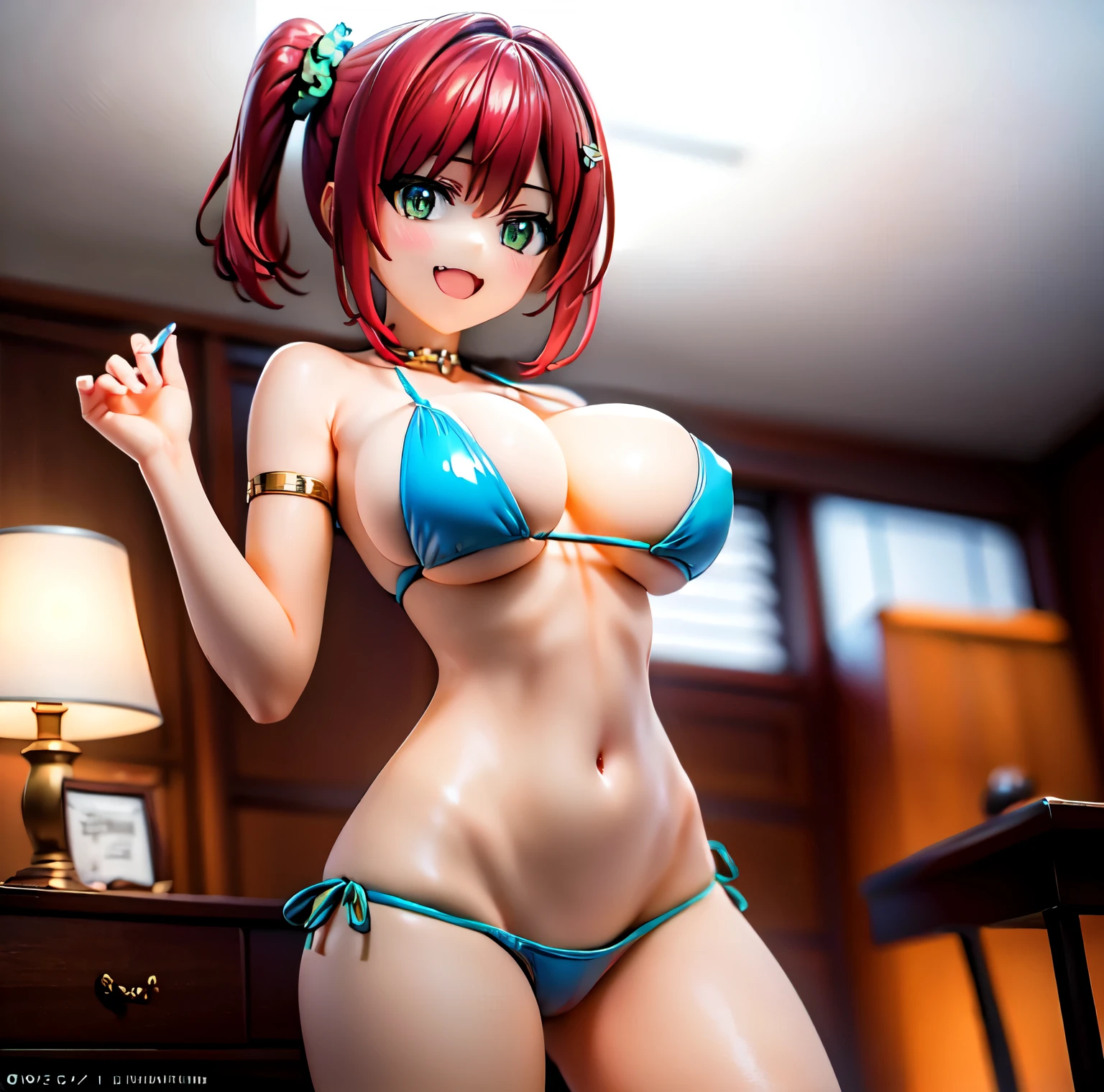 best quality, masterpiece, extremely detailed CG, official art , professional lighting, sakimiyairuka, red hair, green eyes,(one side up), medium hair, side ponytail, green scrunchie, hair ornament, shiny skin, smile, (micro bikini), cameltoe, groin, collar, wet,