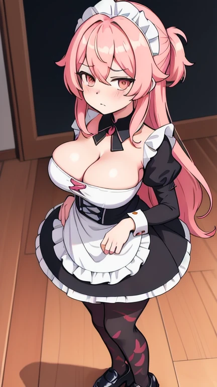 lumine \(genshin impact\), adult, tall, long messy hair, cute sulk expression, big breasts, strapless maid uniform, cleavage, Black denier 20 tights, leather shoes, colorful abstract geometrical shapes print, detailed clothes texture, BREAK, 1girl, masterpiece, standing, looking at viewer, indoors,