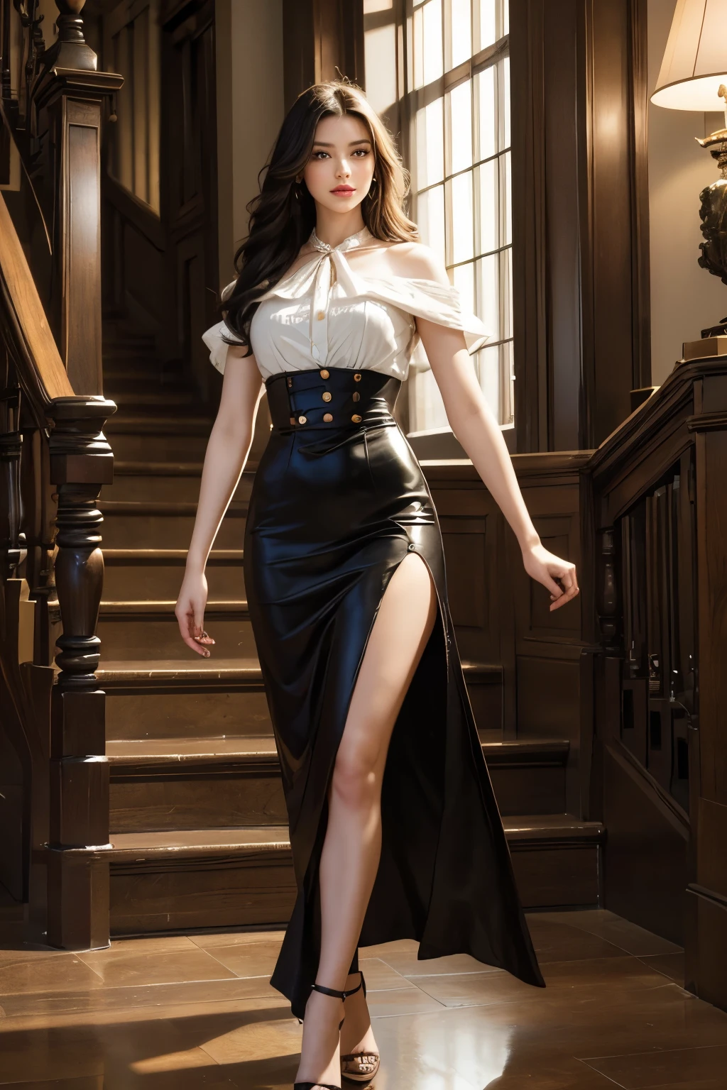 (best quality,4k,highres,ultra-detailed,realistic:1.2),portrait,stunning young woman with a charming smile,toned arm and slender waist, exuding confidence. She has mesmerizing beautiful eyes with long eyelashes and a tiny dimple on her cheeks. Her long straight black hair falls gracefully on her shoulders. She is wearing a white blouse with buttons, which fits her perfectly, emphasizing her gorgeous figure. Her skirt hugs her curves and is slightly clinging, highlighting her feminine charm. She pairs the outfit with lifelike pantyhose and elegant high heels, completing her sophisticated look.
As she walks up the grand staircase in the library, she turns her head back towards the camera, giving a flirtatious look. The camera angle captures her from the lower back, accentuating her alluring silhouette. The library is filled with books, creating a scholarly atmosphere. Soft lighting enhances the hyper-realistic style of the portrait, casting subtle shadows and highlighting the woman's features. Vibrant colors add a touch of liveliness to the scene, making the artwork visually engaging.
The overall composition embodies elegance and sophistication, showcasing the woman's beauty and allure. The meticulous attention to detail in the artwork will captivate viewers, portraying the woman in a stunningly realistic manner.