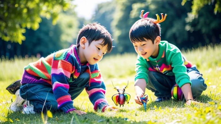 Children playing with beautiful rainbow stag beetles in the grassland、Children playing with colorful stag beetles in the forest、