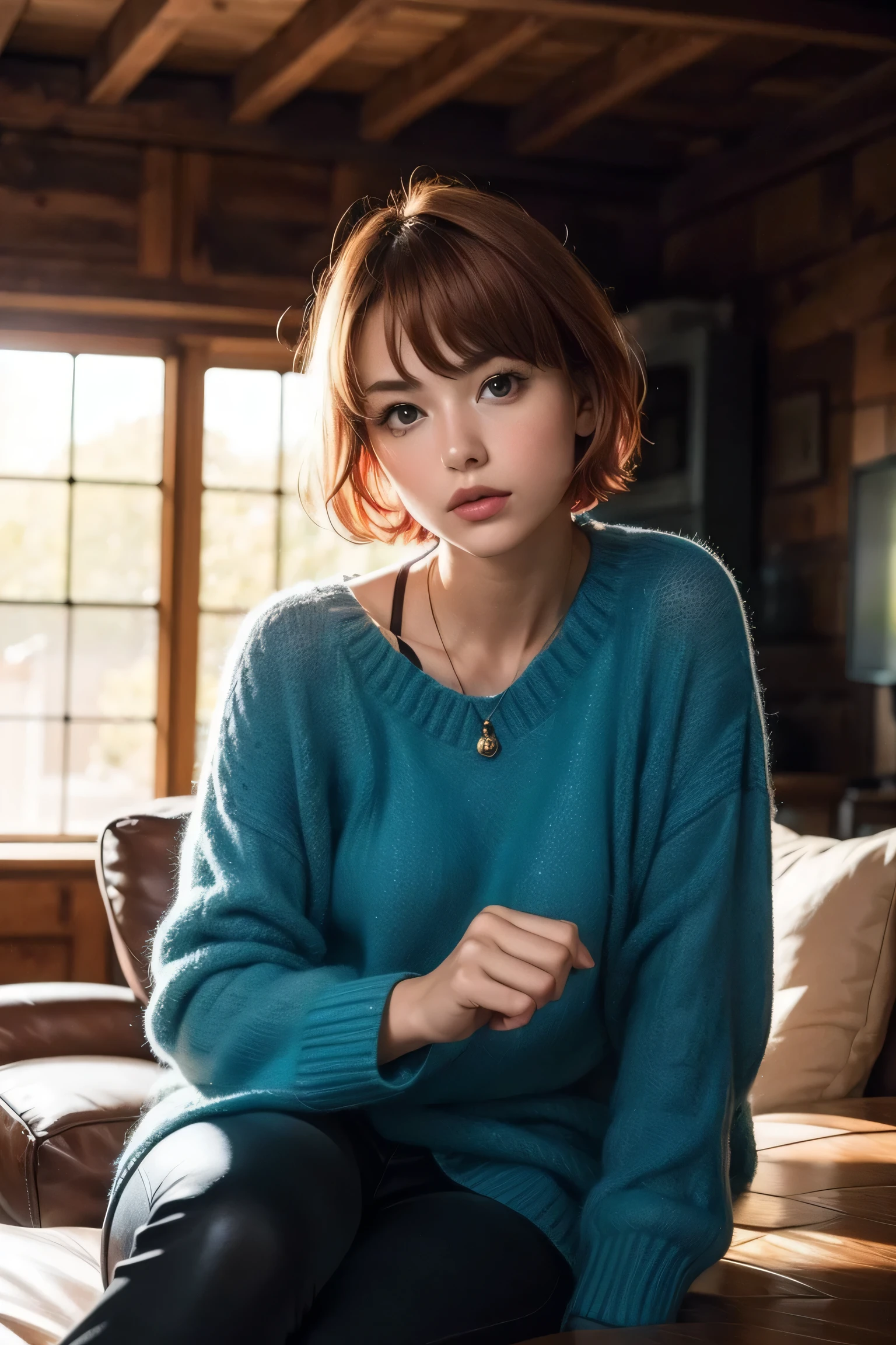 Realistic photography, raw, photo , Beautiful Female Red Short hair ,living room