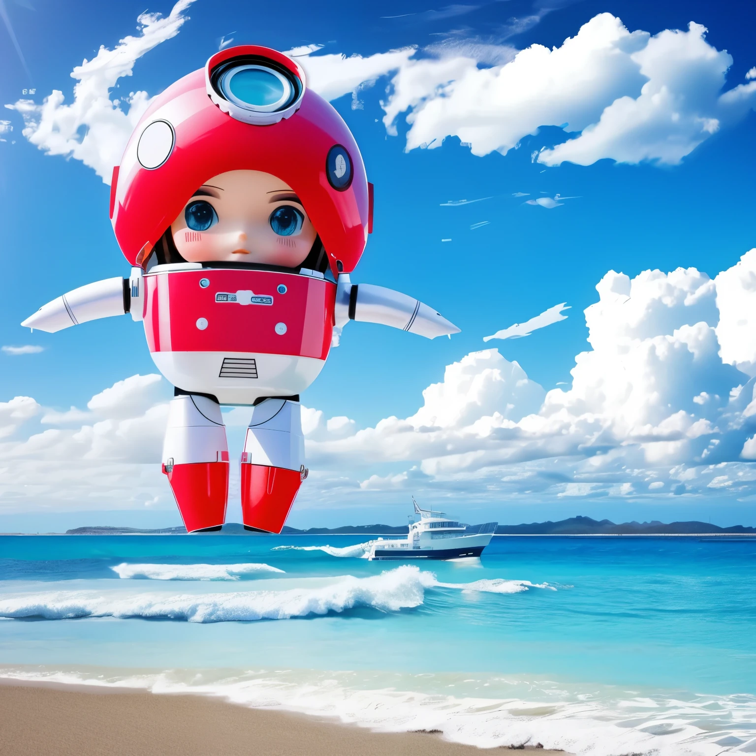 Realistic、Photo of a collaboration between dolls and robots、Comical pose、Photo of the Great Barrier Reef in the background