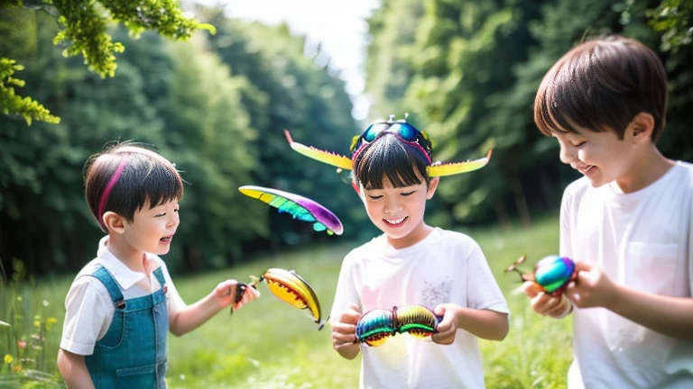 Children playing with beautiful rainbow stag beetles in the grassland、Children playing with colorful rainbow stag beetles in the forest、