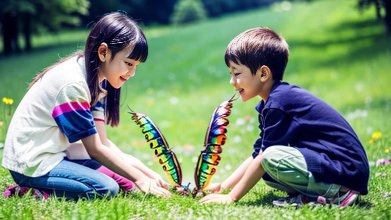Children playing with beautiful rainbow stag beetles in the grassland、Children playing with colorful rainbow stag beetles in the forest、