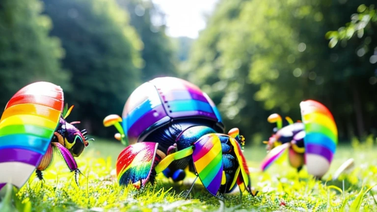 Children playing with beautiful rainbow stag beetles in the grassland、Children playing with colorful rainbow stag beetles in the forest、