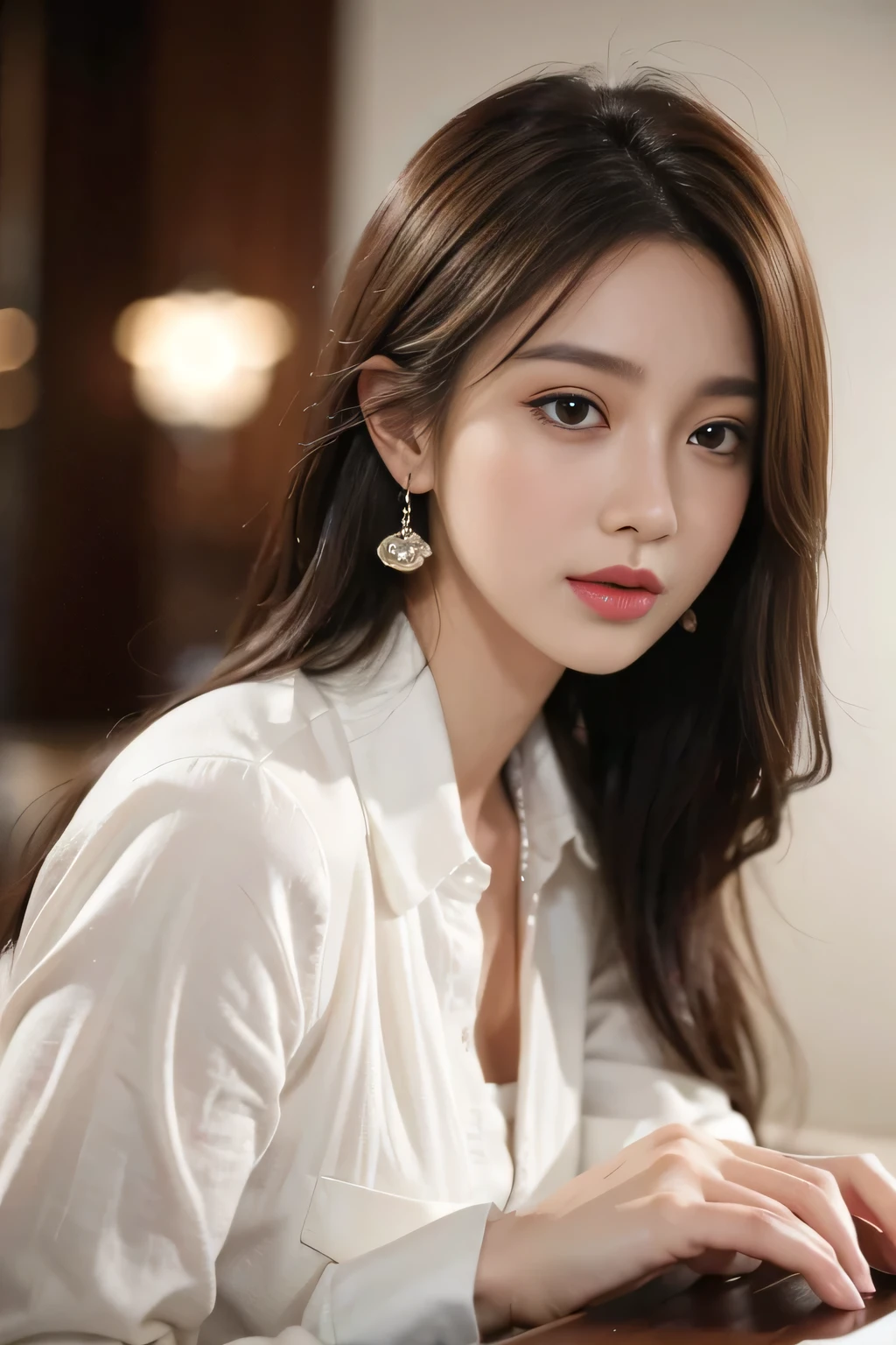 masterpiece, highest quality, Realistic, Very detailed, Finer details, High resolution, 8k wallpaper, One beautiful woman, Wear casual business attire, In a great restaurant, At night, Light brown messy hair, Perfect dynamic composition, Beautiful and beautiful eyes、Big earrings