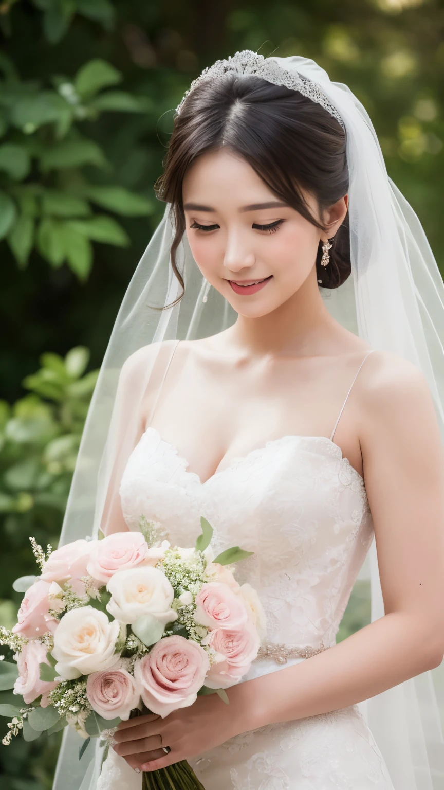 21 years old, Beautiful woman, Natural light, Wedding dress, Upper Body, Front view, bride, (highest quality, 8k, masterpiece), White flower, Delicate lace, bouquet, With bangs, A shy smile, (Embarrassing), looking at the camera, light makeup, Thin eyebrows, Natural Makeup, (light makeup), Thin eyebrows, Ultra-high resolution, Glowing Skin, (Light on the cheeks), Closed lips, (Pale pink), Petals fluttering , viewer's perspective , wedding ceremony , Viewer&#39;s perspective